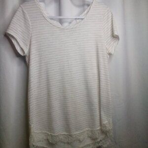 LC Lauren Conrad Blouse M Women Short Sleeve Lace Trim Stripe White Tan
